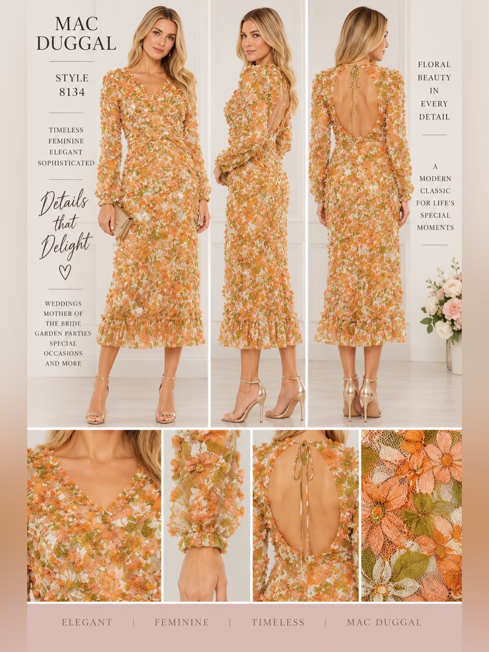 Mac Duggal 8134 Floral Ruffle Open Back Midi Dress NWT Sizes 4 & 12